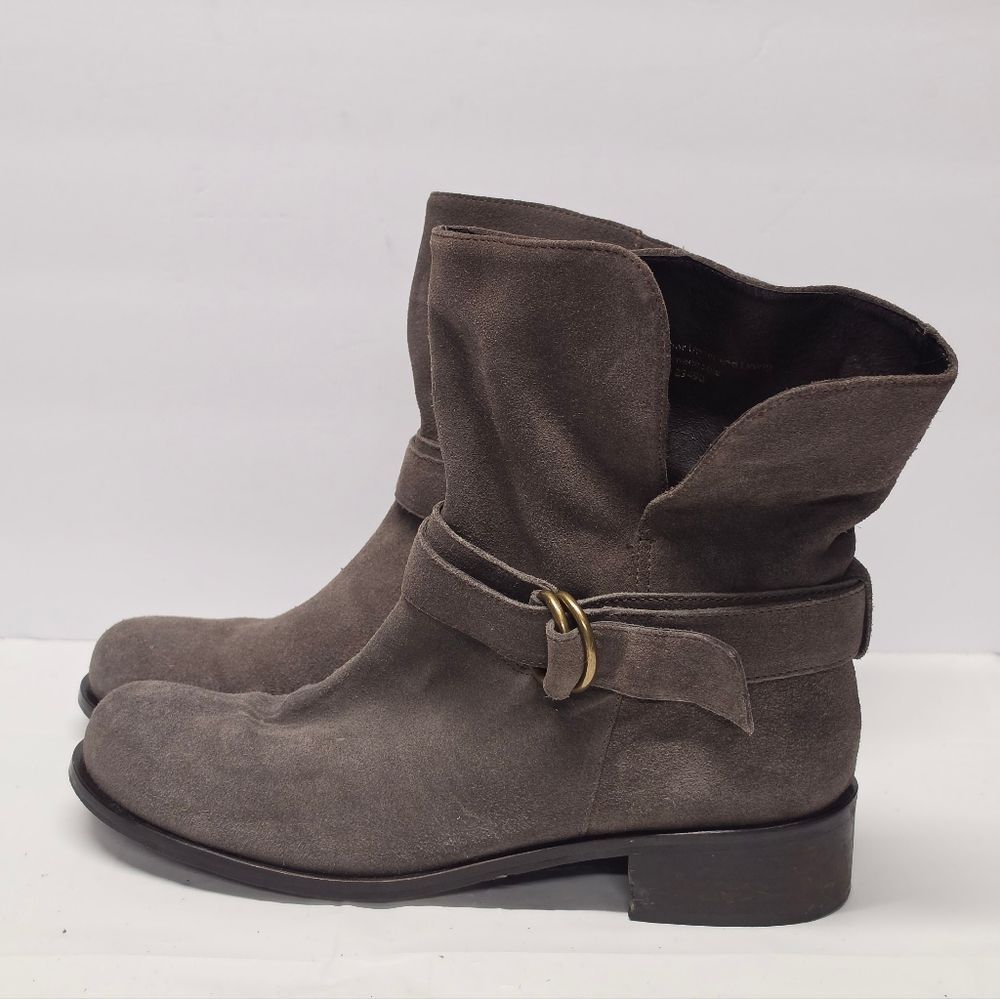 Garnet Hill Gray Grey Suede Boots Women's 10 Wrapped Stripe Buckle Moto Biker
